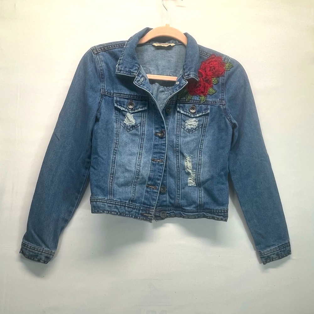 HIGHWAY JEANS DISTRESSED DENIM‎ JACKET WOMEN S W/EMBROIDERED ROSES FRONT/BACK
